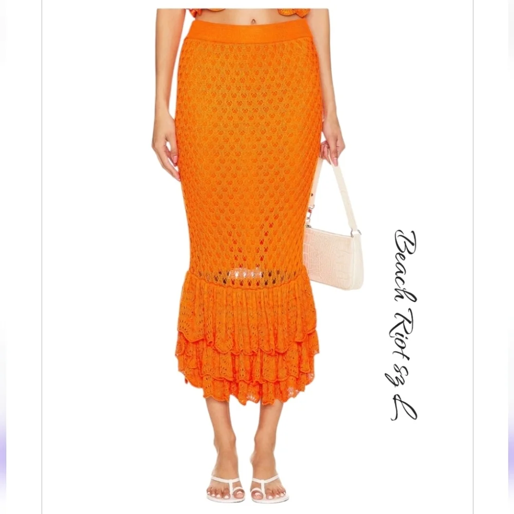 NWT Beach Riot Polly Crochet Maxi Swim Cover Up Skirt Orange L